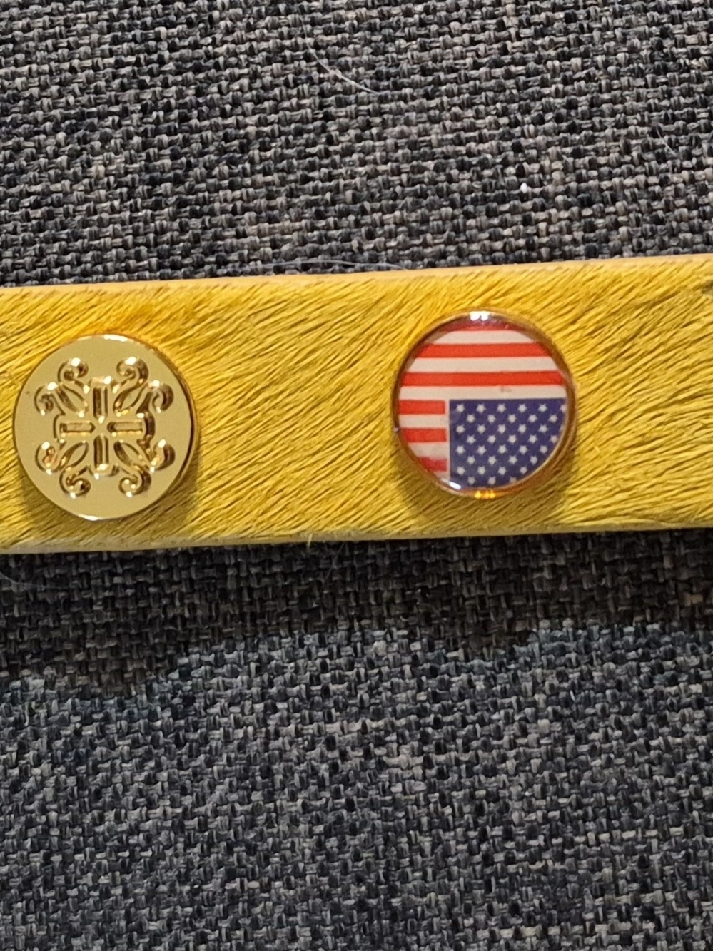 Rustic Cuff Yellow Haircalf Bracelet with Gold Logo and American Flag Stud